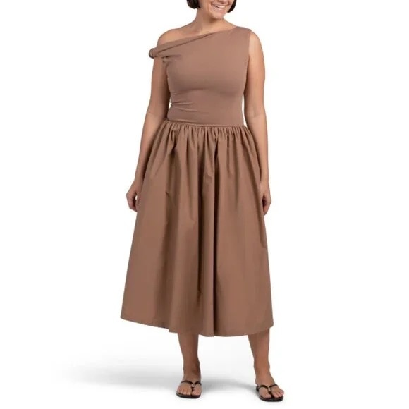 EN SAISON Brown Parker Mixed Media Off Shoulder Midi Dress Size Medium - Picture 4 of 10